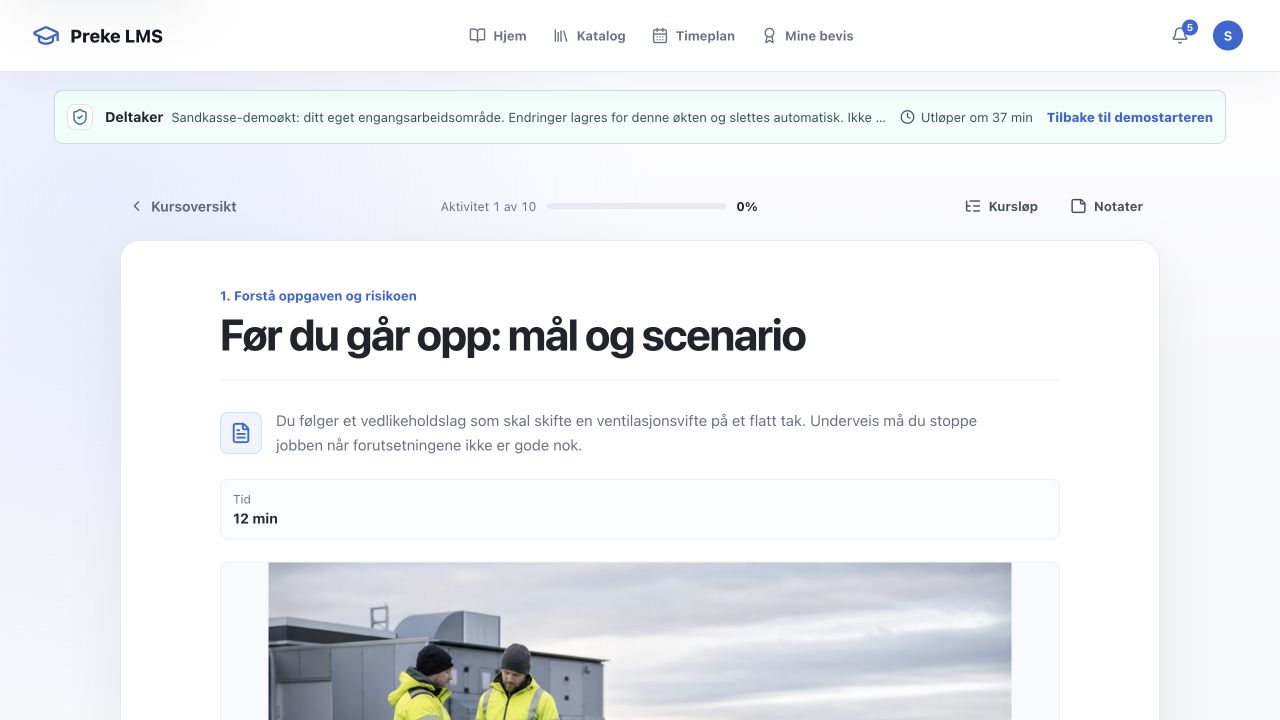 Ny kursvisning med ett sentrert innholdsfelt